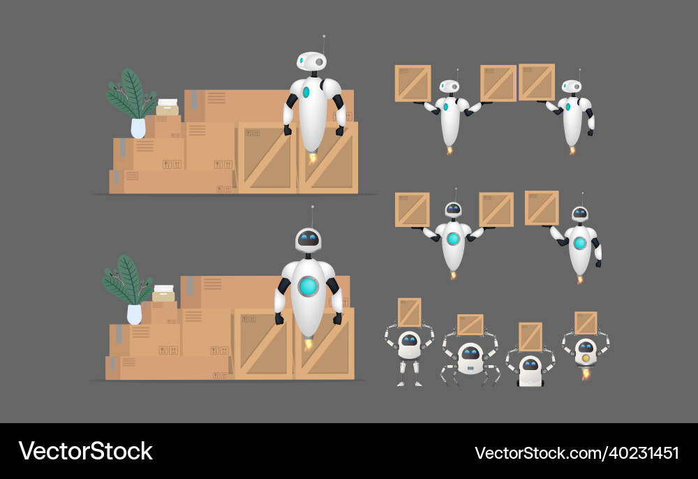 Big set of white flying robots with boxes Big set of white flying robots with boxes vector image