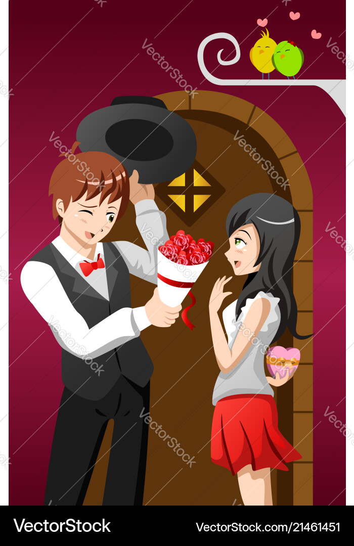 Man giving flowers to his girlfriend Man giving flowers to his girlfriend vector image