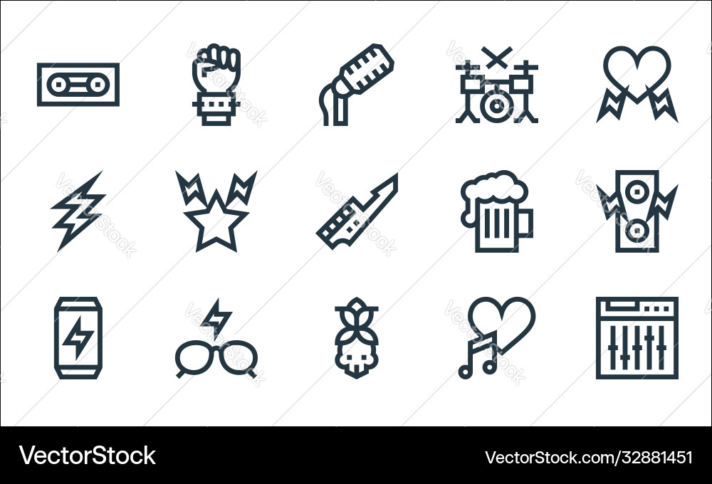 Rock and roll line icons linear set quality Rock and roll line icons linear set quality vector image