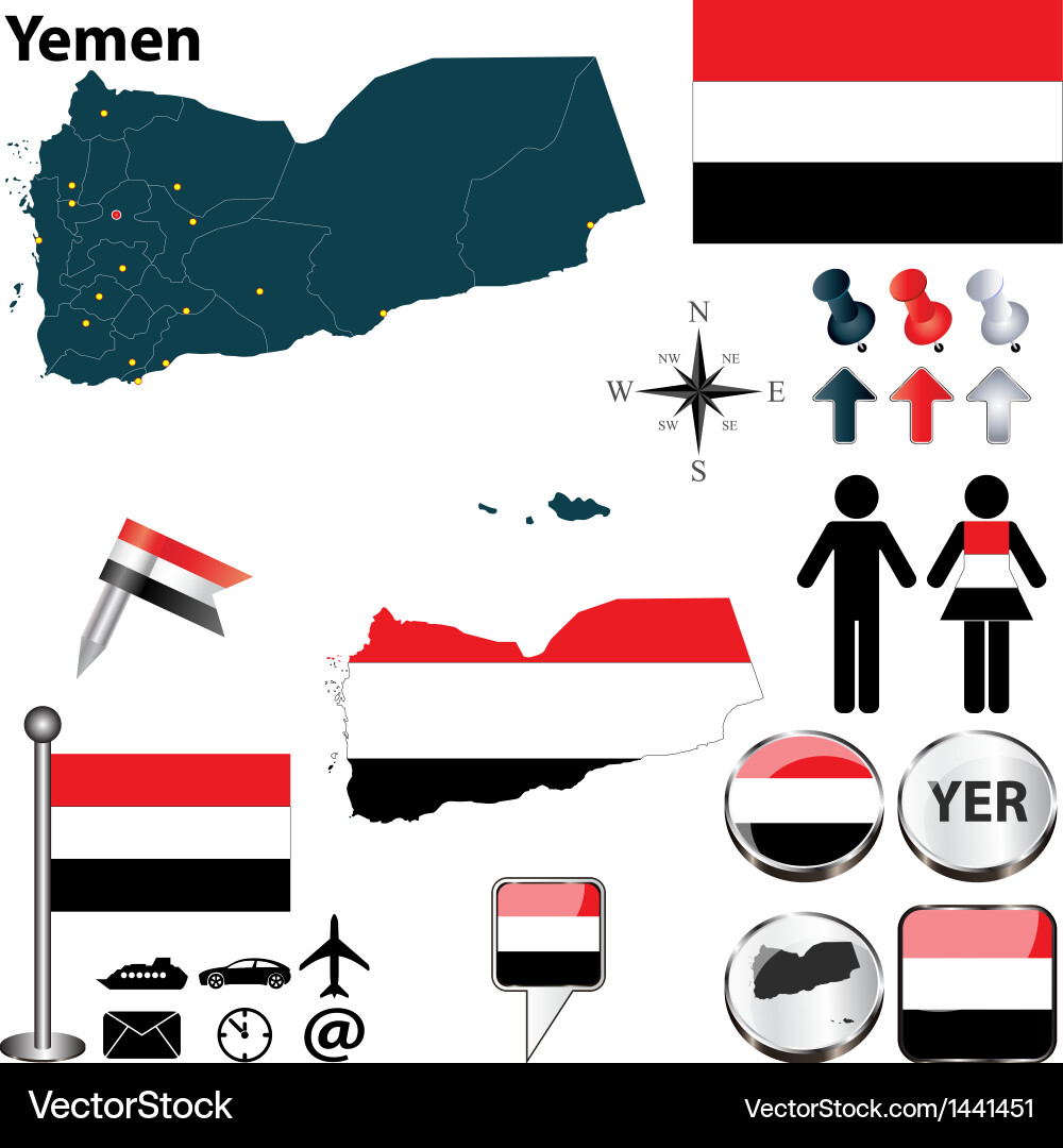 Yemen Map with Borders and Flags vector image