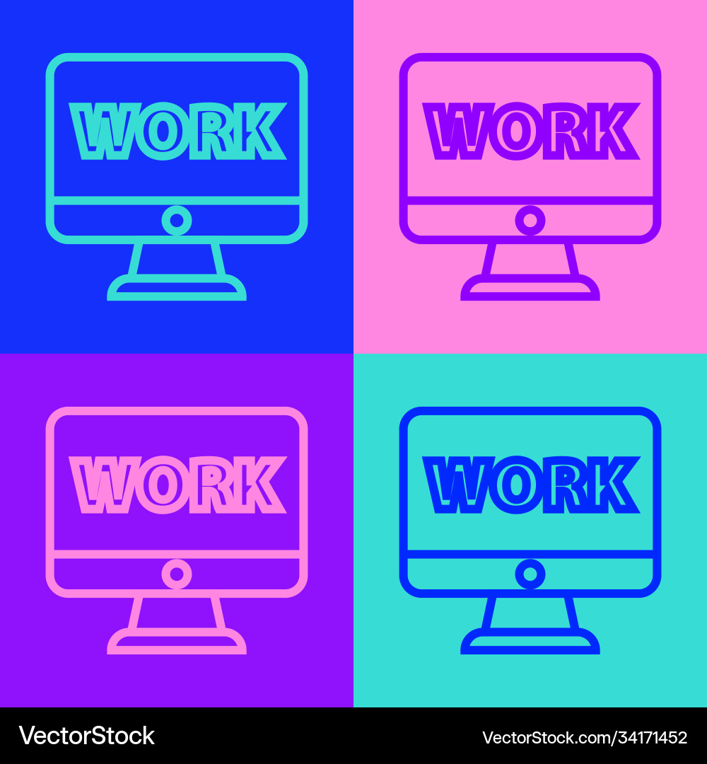Pop art line computer monitor with text work icon vector image