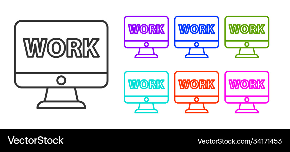 Black line computer monitor with text work icon Black line computer monitor with text work icon vector image