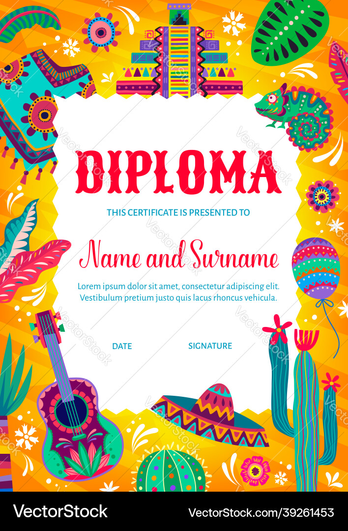 Kids diploma certificate mexican poncho pyramids Kids diploma certificate mexican poncho pyramids vector image