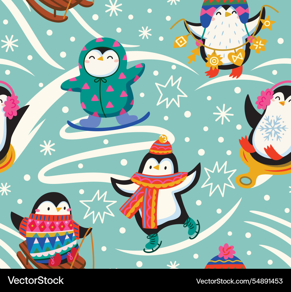 Penguins are skating pattern design winter scene Penguins are skating pattern design winter scene Vector Image