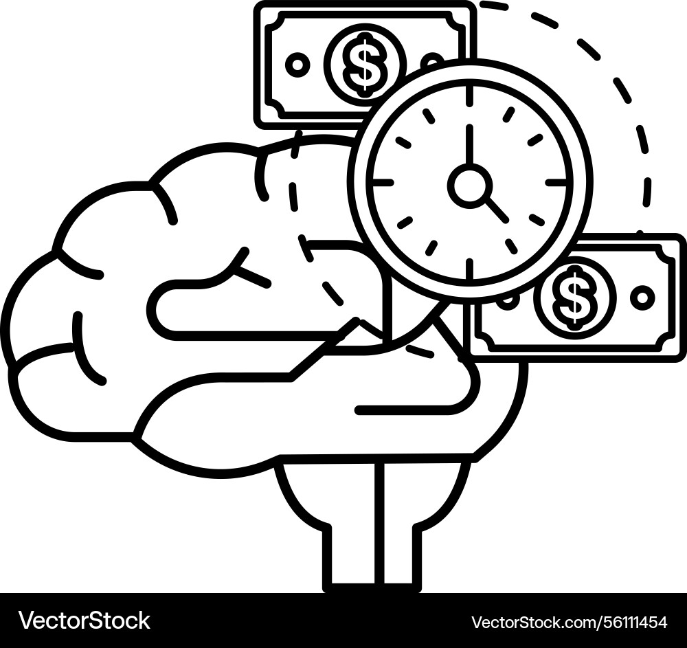 Brain with a clock and money Brain with a clock and money Vector Image