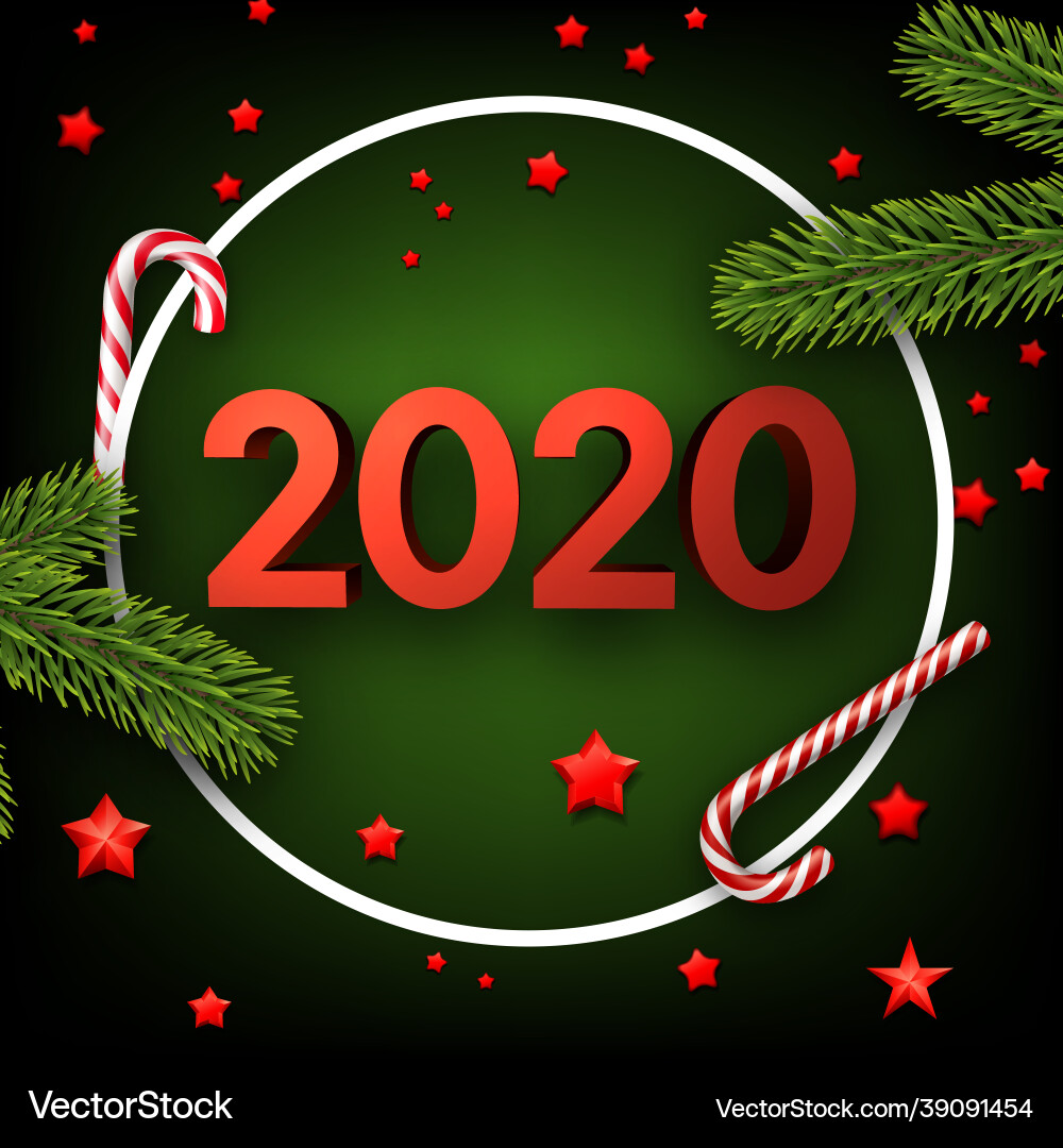Green happy new year background with red 3d 2020 Vector Image