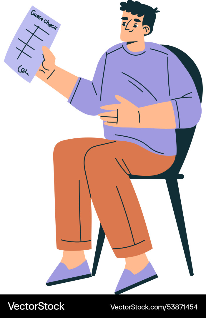 Man character in cafe sitting on chair with menu Man character in cafe sitting on chair with menu Vector Image