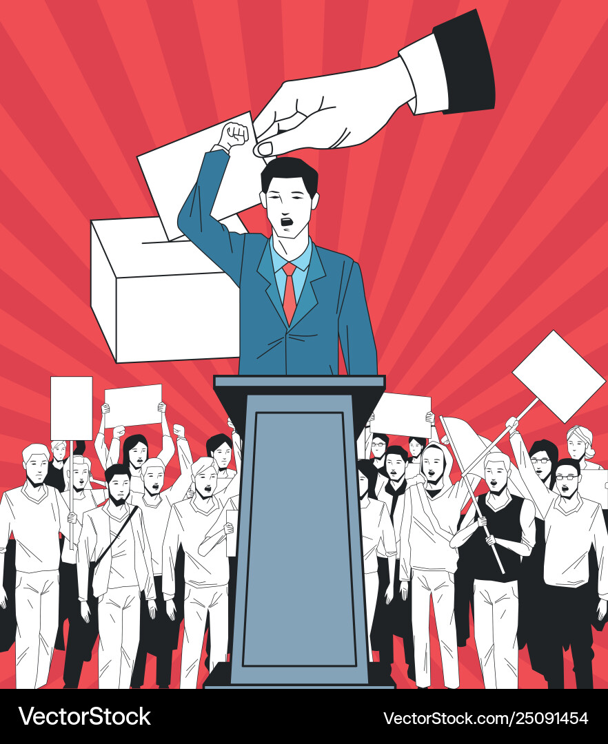 Man making a speech and audience with signboard Man making a speech and audience with signboard vector image
