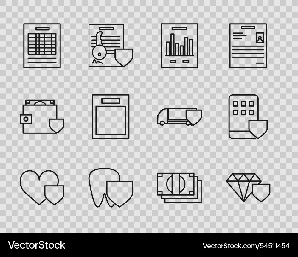 Set line heart with shield diamond document graph Set line heart with shield diamond document graph vector image