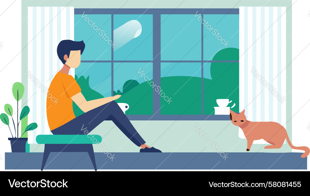Man Reading with Dog by Window Vector Image