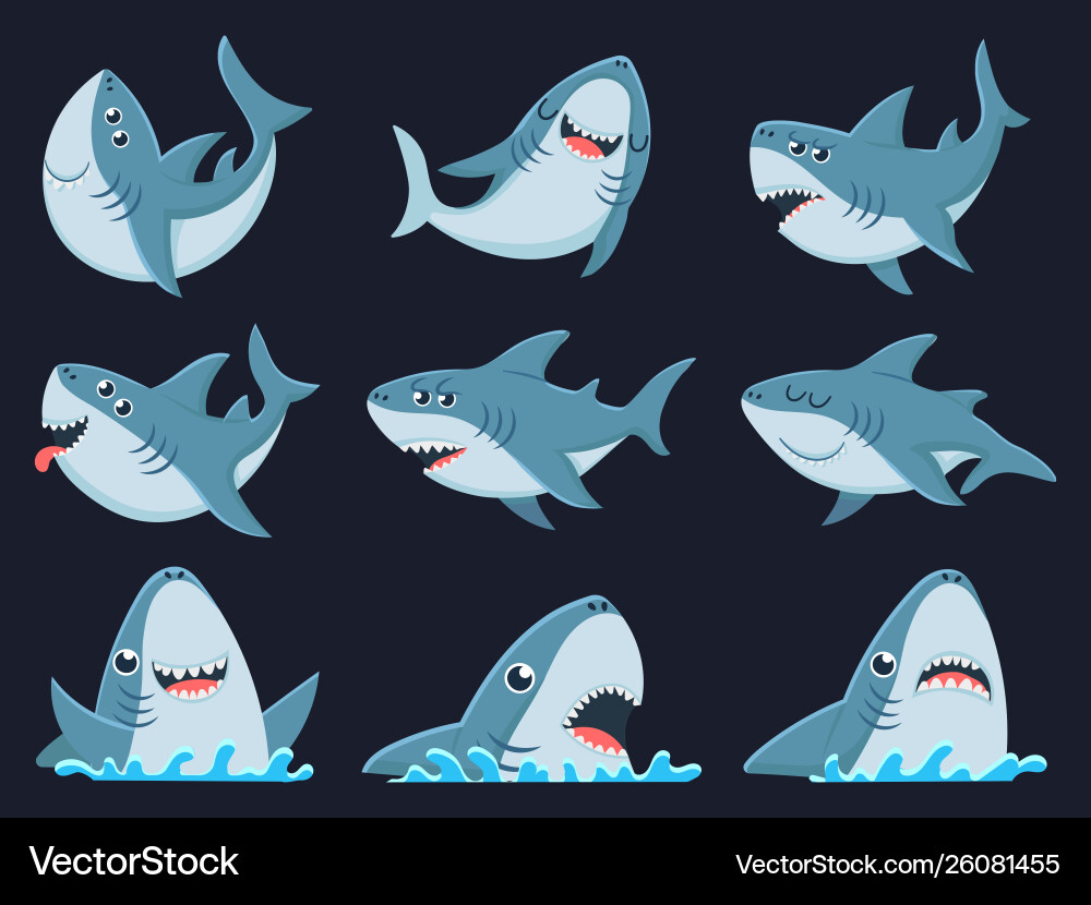 Ocean shark mascot scary sharks animals smiling Ocean shark mascot scary sharks animals smiling vector image