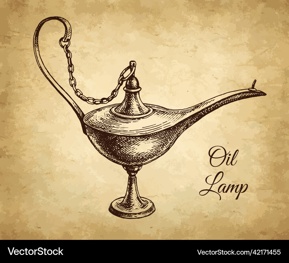 Oriental oil lamp etching Oriental oil lamp etching vector image