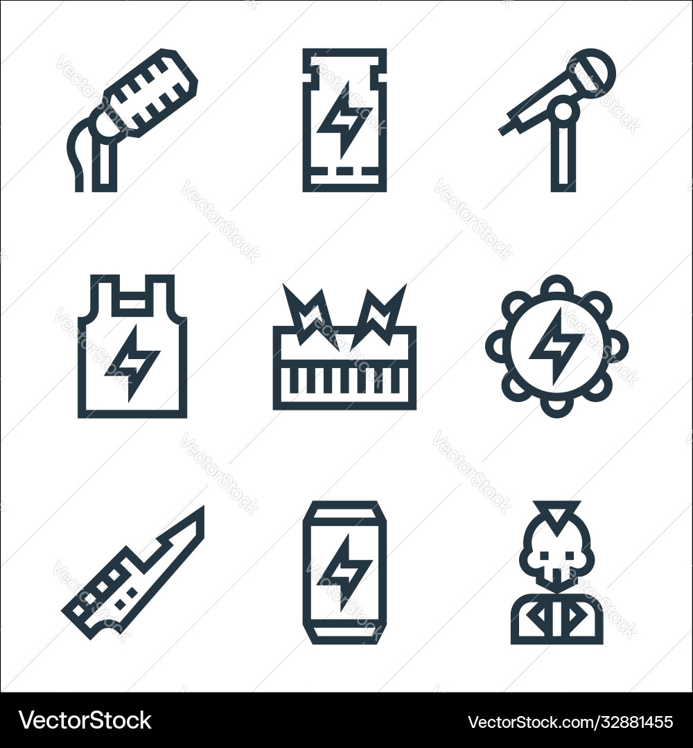 Rock and roll line icons linear set quality Rock and roll line icons linear set quality vector image