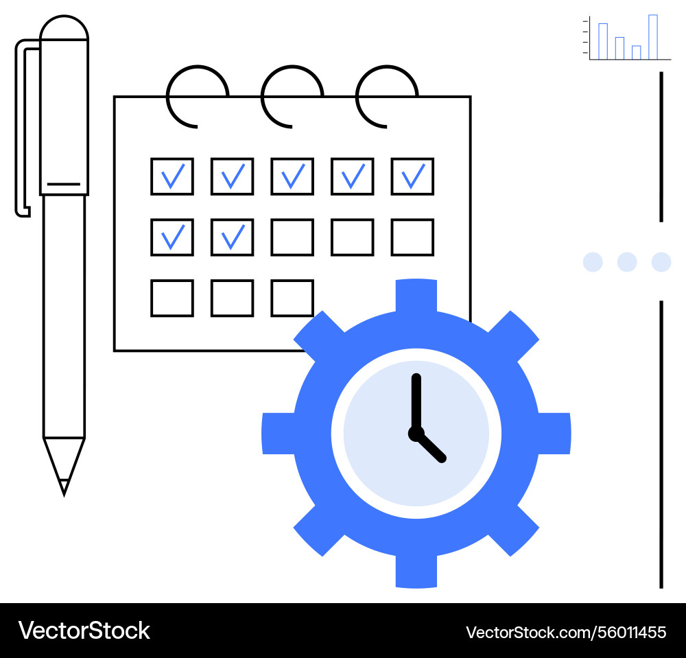 Task completion with calendar pen and clock Task completion with calendar pen and clock Vector Image