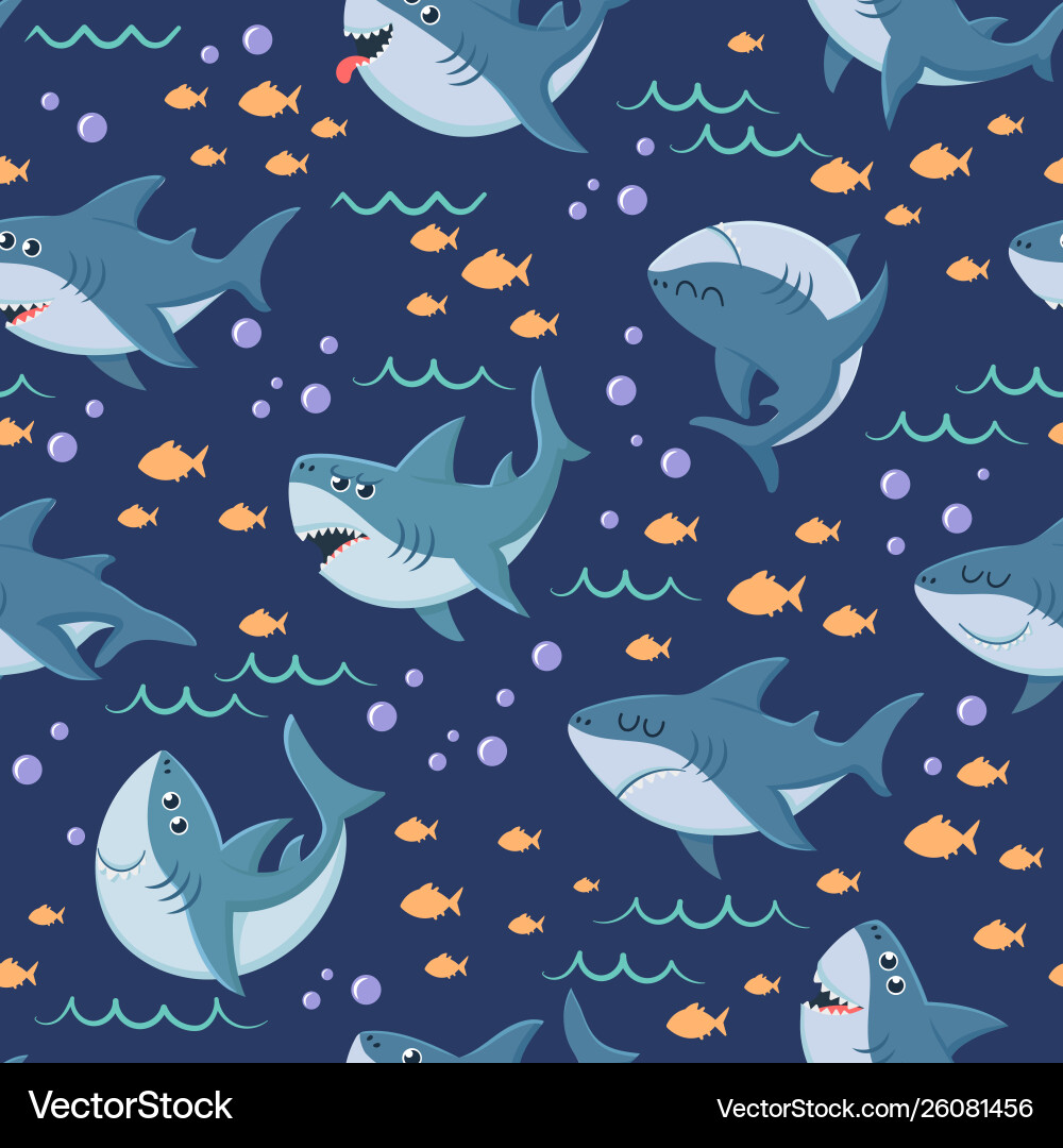 Cartoon sharks pattern seamless ocean swim Cartoon sharks pattern seamless ocean swim vector image
