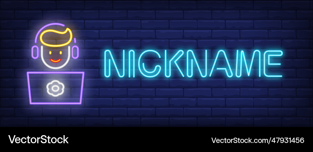 Nickname neon text with boy playing computer game Nickname neon text with boy playing computer game vector image