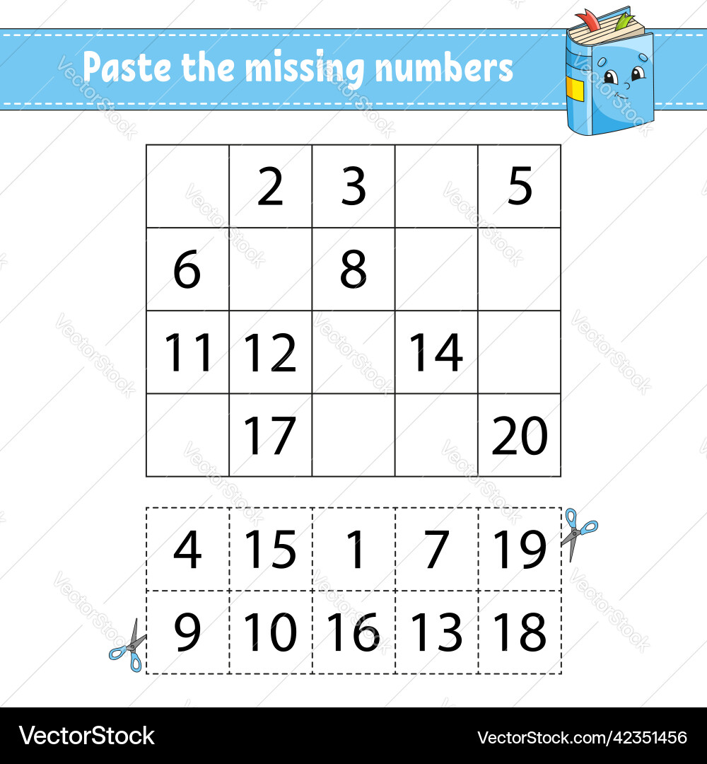 Paste the missing numbers 1-20 game for children Paste the missing numbers 1-20 game for children vector image