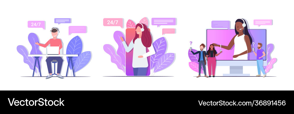 Set helpline operators with headset technical Set helpline operators with headset technical Vector Image