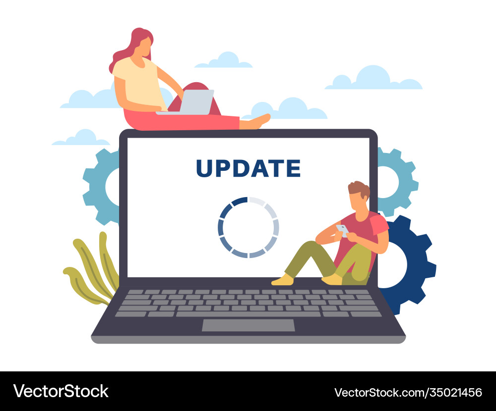 System update maintenance process man and woman System update maintenance process man and woman vector image