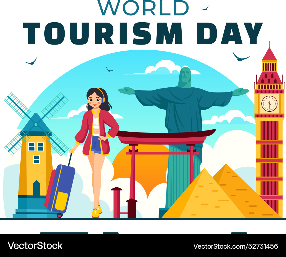 World tourism day featuring a globe and famous World tourism day featuring a globe and famous vector image