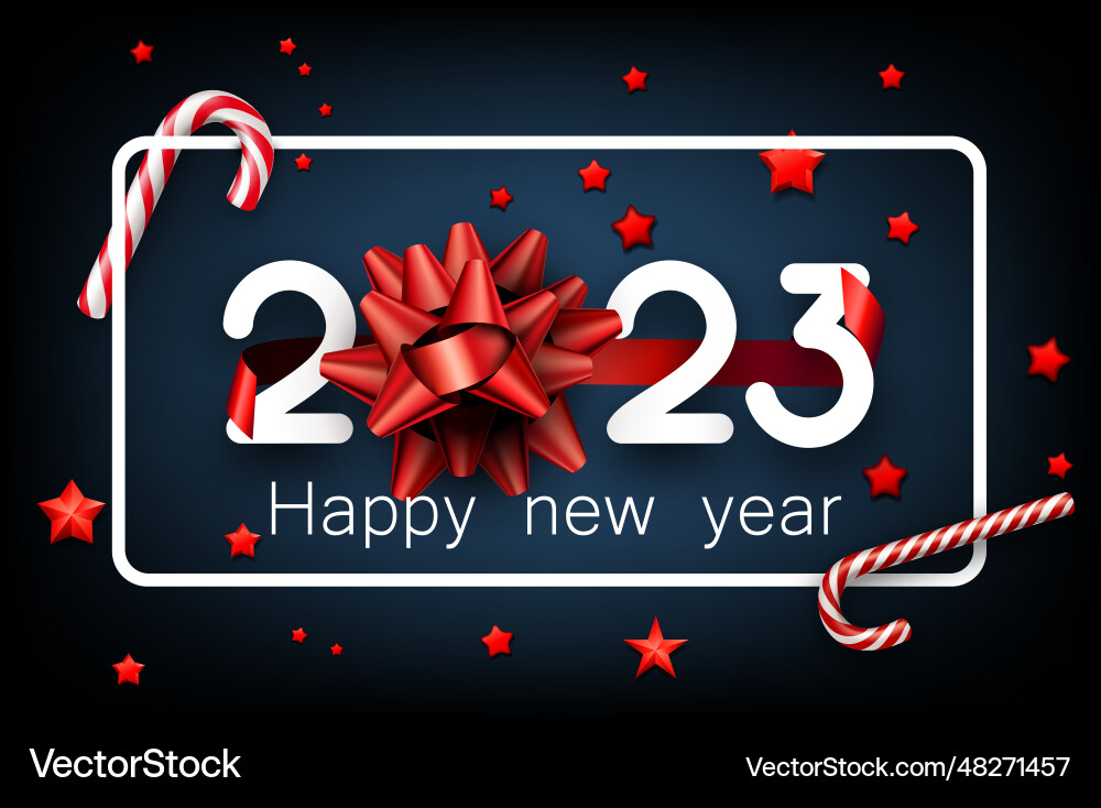 2023 sign with red bow candy canes stars confetti Vector Image