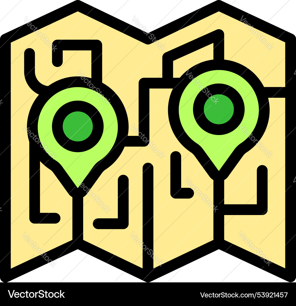 Paper map showing route between two points marked Paper map showing route between two points marked vector image