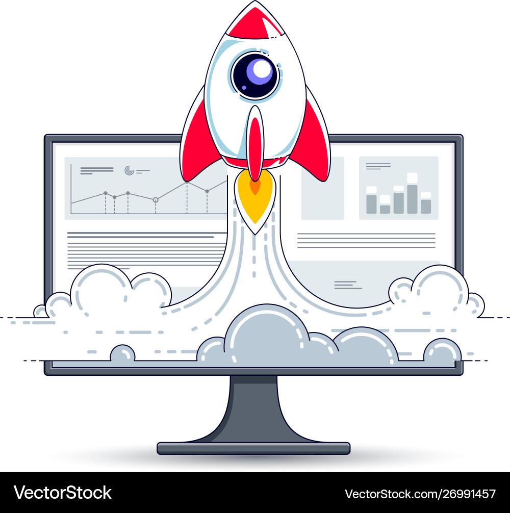 Startup rocket take off over computer monitor Startup rocket take off over computer monitor vector image