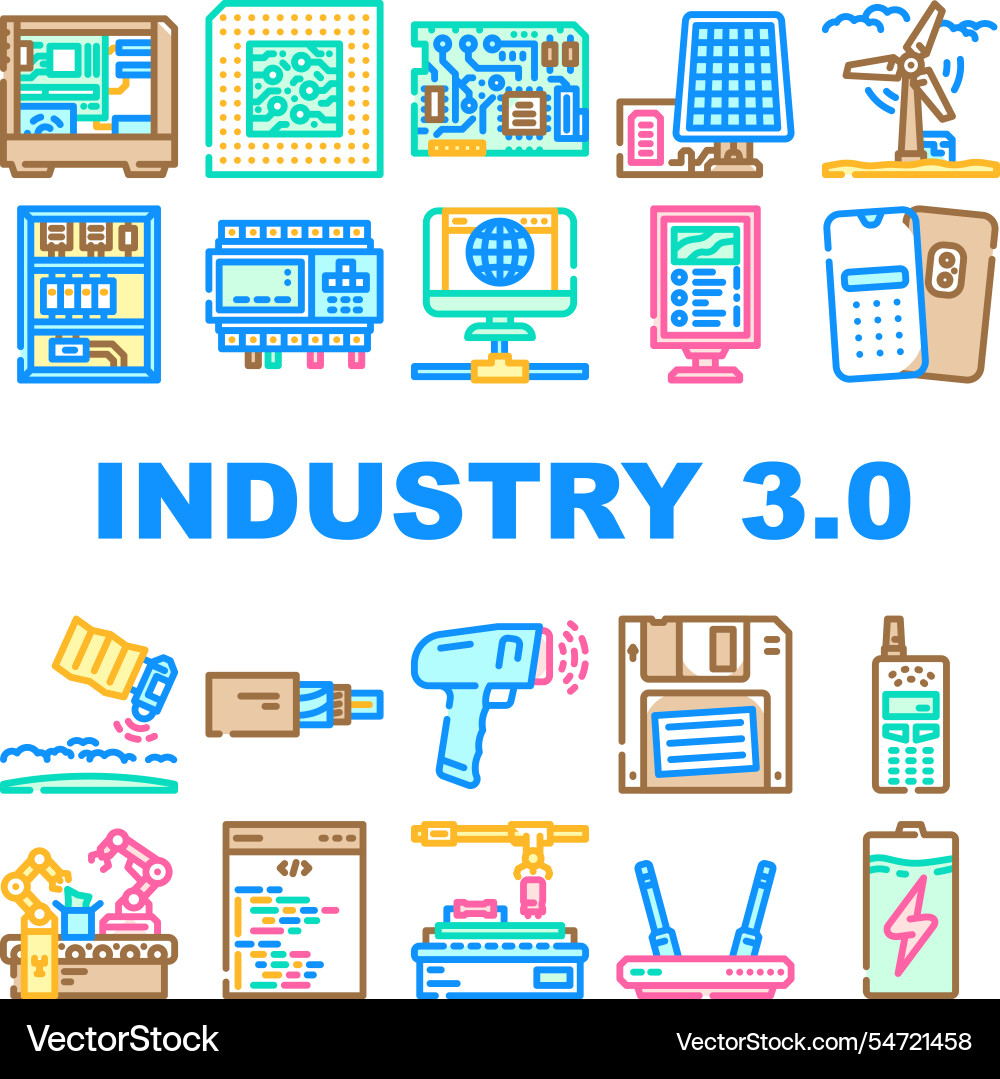 Industry 3 automation robotics icons set Industry 3 automation robotics icons set vector image