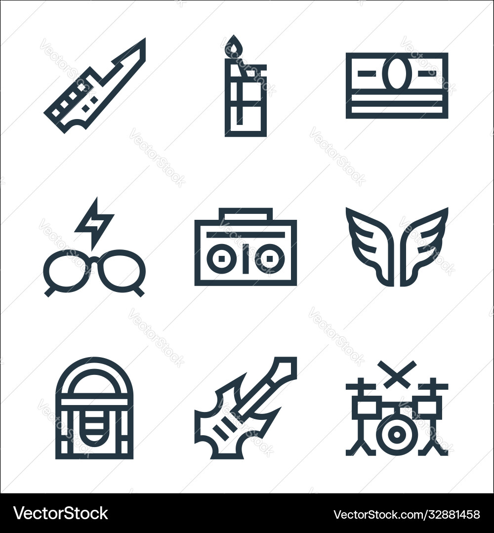 Rock and roll line icons linear set quality Rock and roll line icons linear set quality vector image