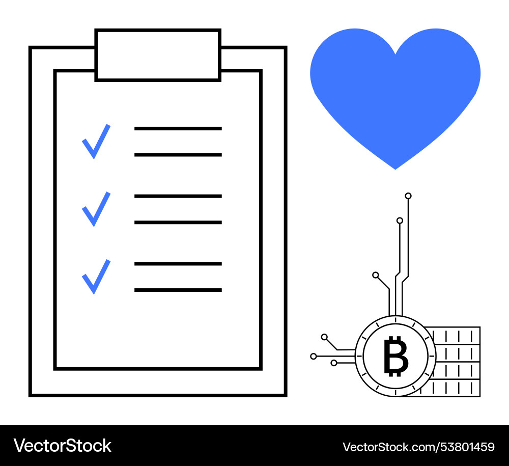 Digital checkbox list with blue heart and bitcoin Digital checkbox list with blue heart and bitcoin vector image
