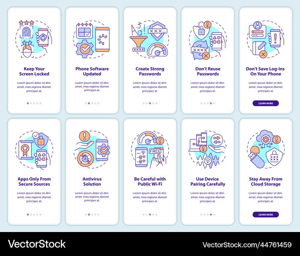 Prevent smartphone hacking tips onboarding mobile Prevent smartphone hacking tips onboarding mobile vector image