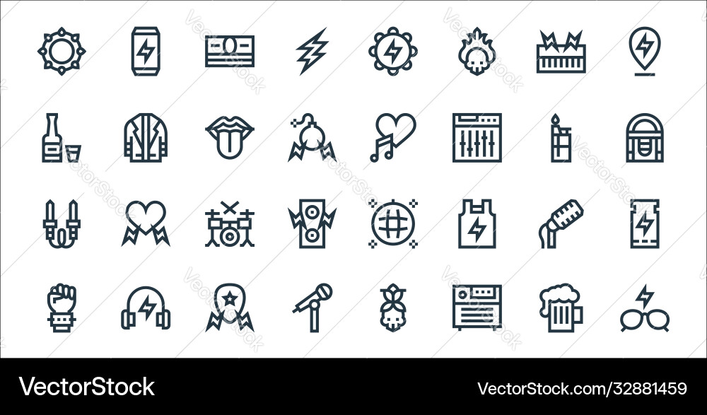Rock and roll line icons linear set quality Rock and roll line icons linear set quality vector image
