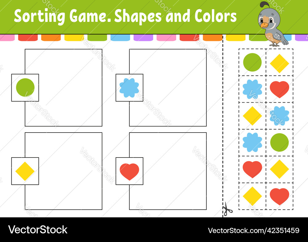 Sorting game shapes and colors cut glue vector image