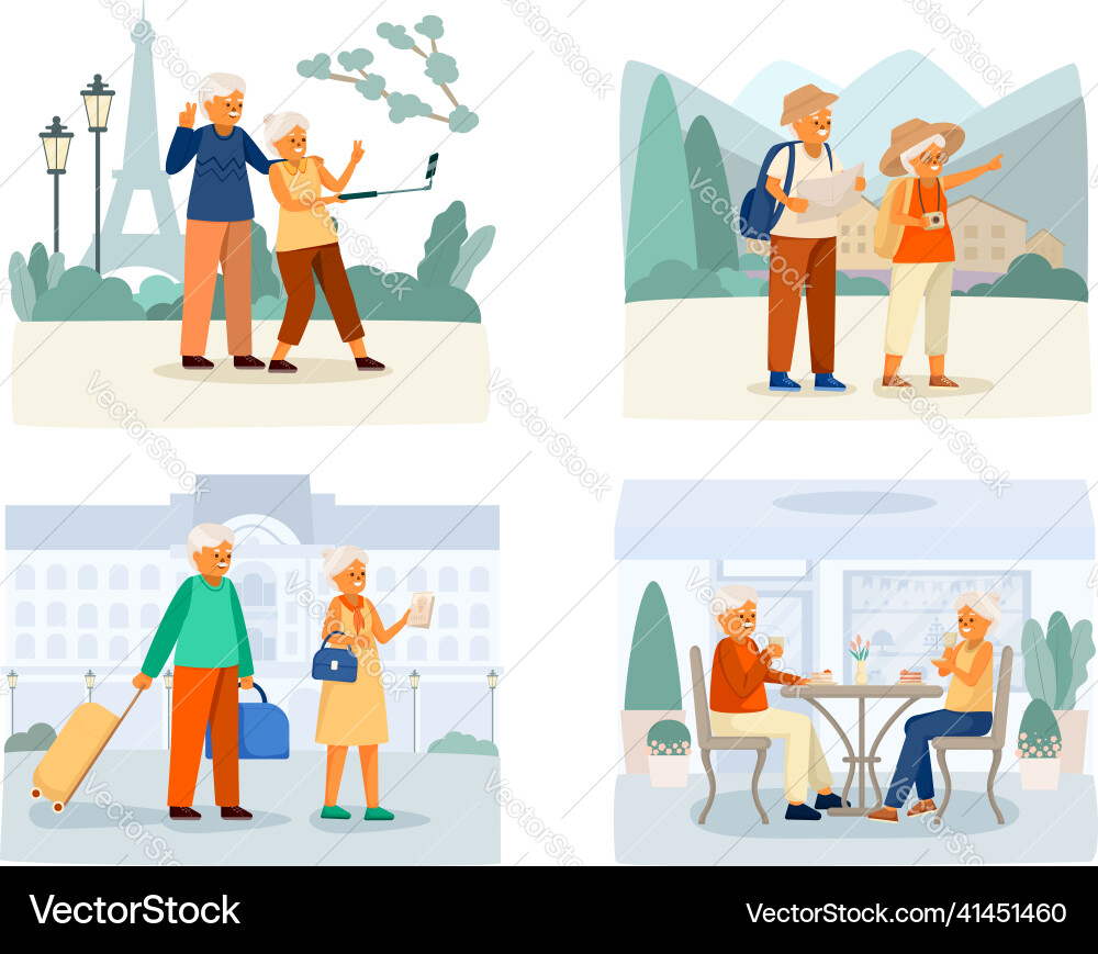 Elderly people happy life cartoon icon set Elderly people happy life cartoon icon set vector image