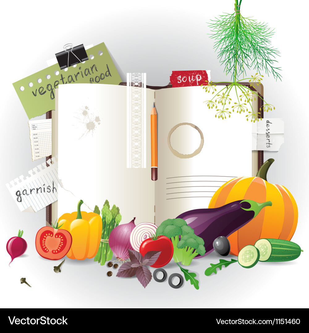 Open Cookbook with Fresh Vegetables Vector Image