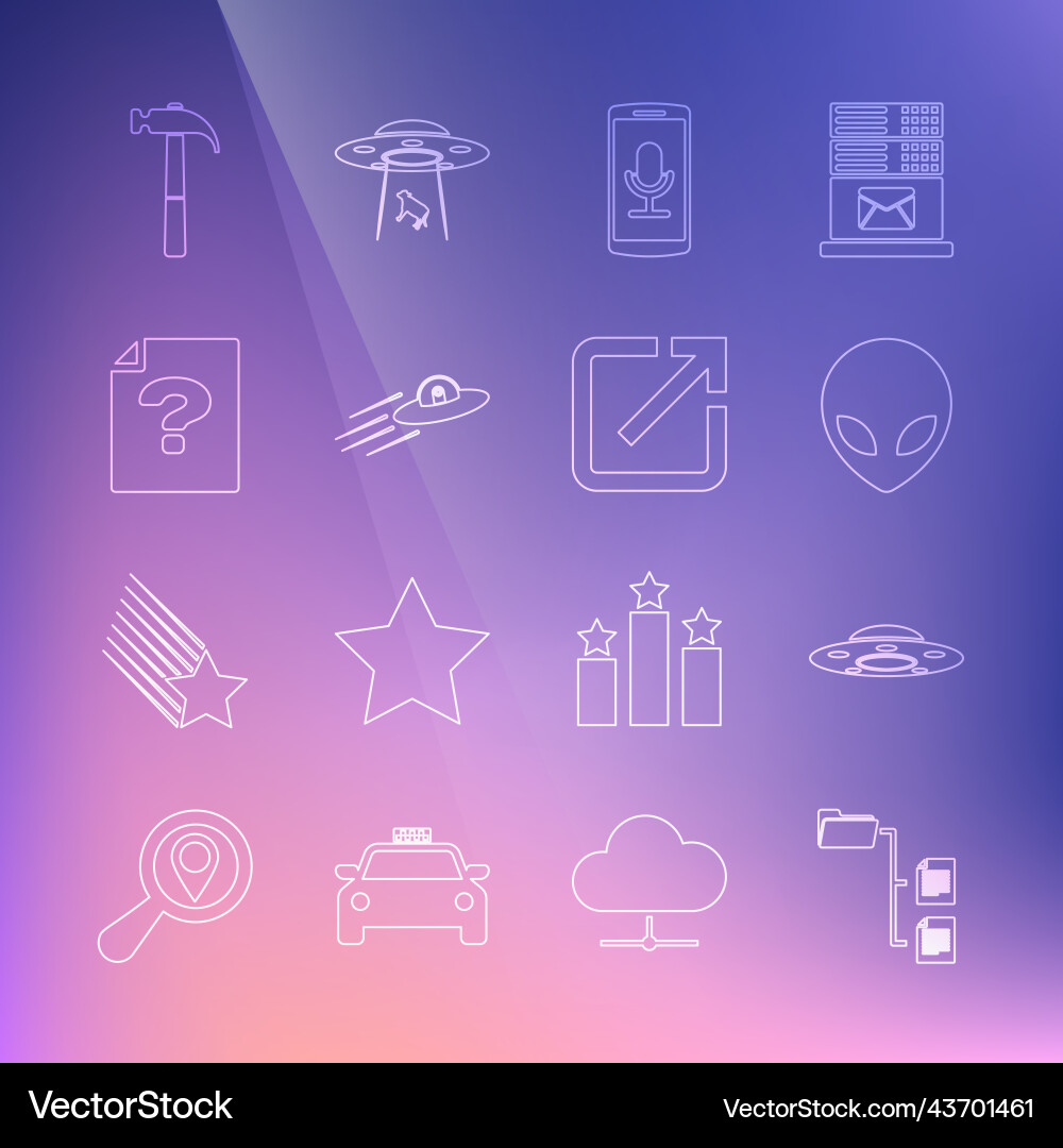 Set line folder tree ufo flying spaceship alien Set line folder tree ufo flying spaceship alien vector image