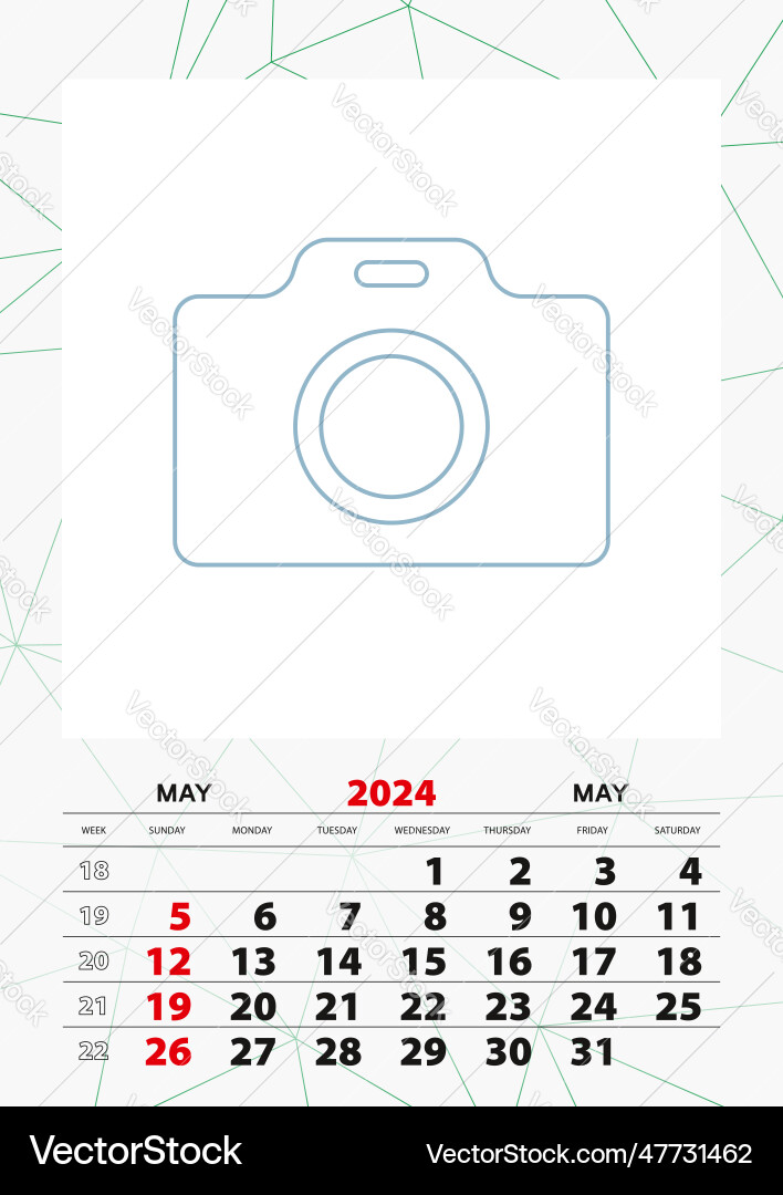 Wandkalender Planer Vorlage für Mai 2024 Woche Wandkalender Planer Vorlage für Mai 2024 Woche vektorbild