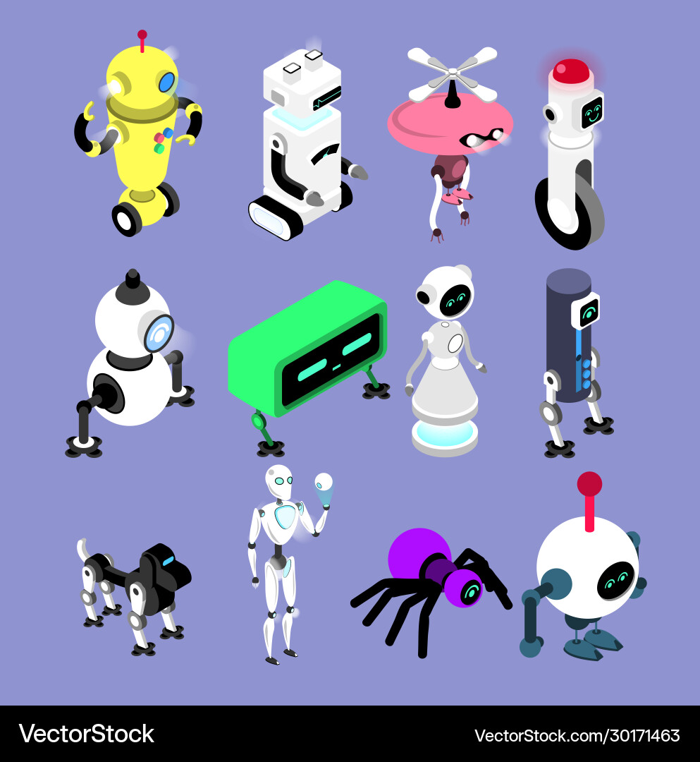 Roboter im isometrischen Stil Roboter und Android Roboter im isometrischen Stil Roboter und Android Vektorbild