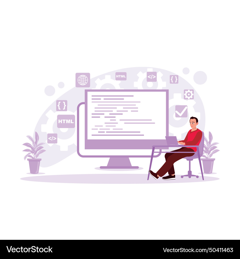 Software development man working at the desk Software development man working at the desk vector image