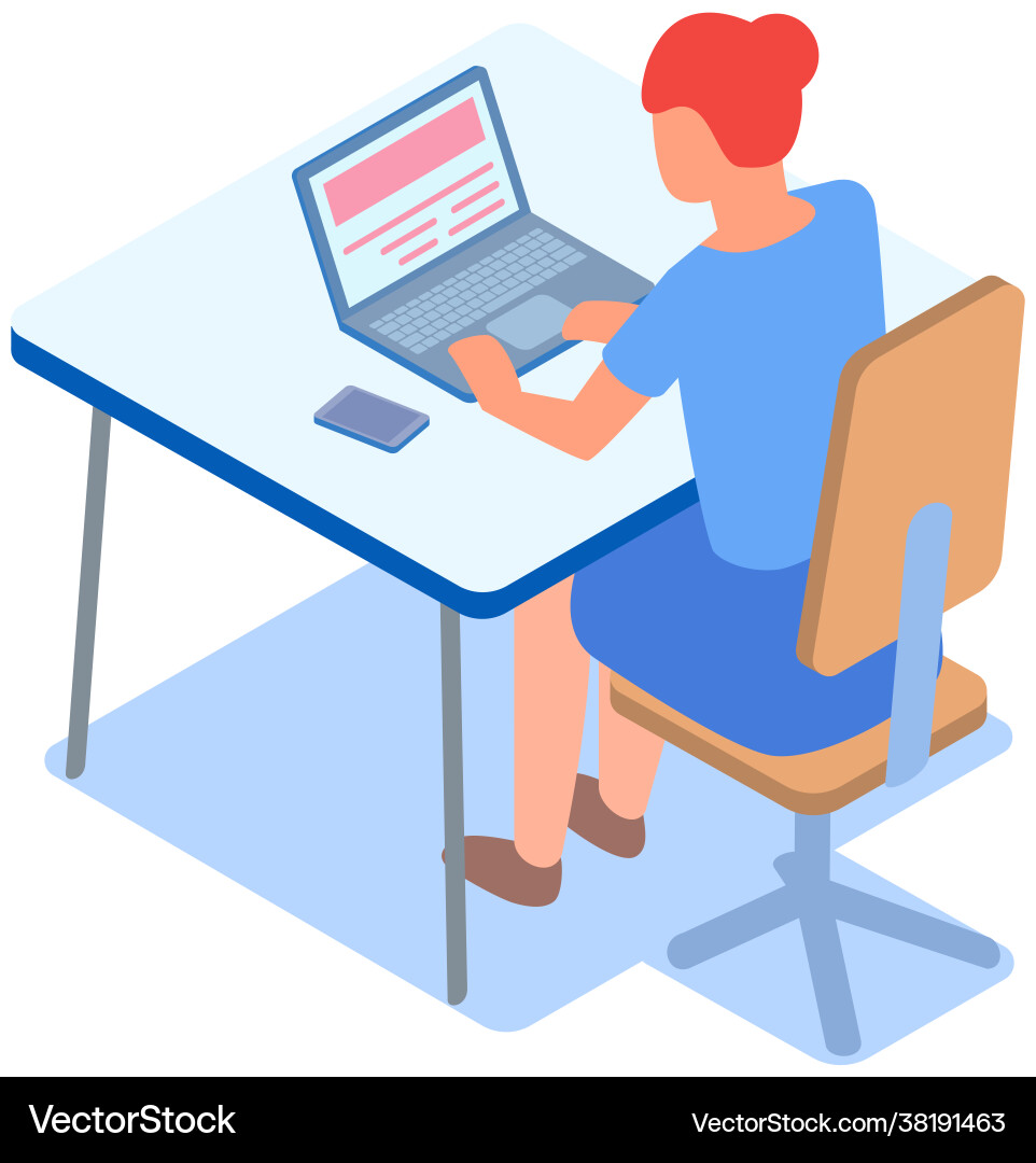 Woman sits at table and works with text on laptop Woman sits at table and works with text on laptop vector image