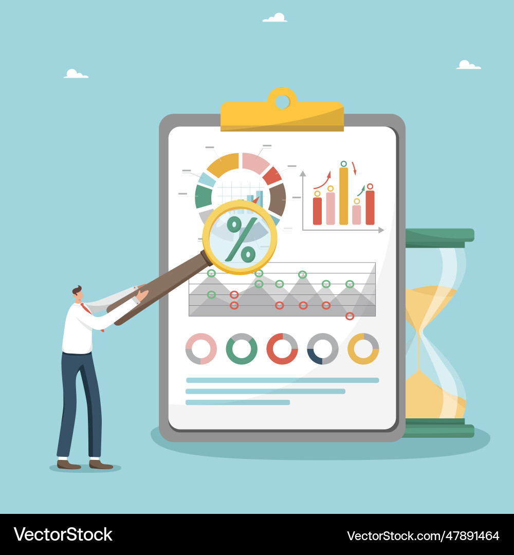Man with magnifier near project document Vector Image