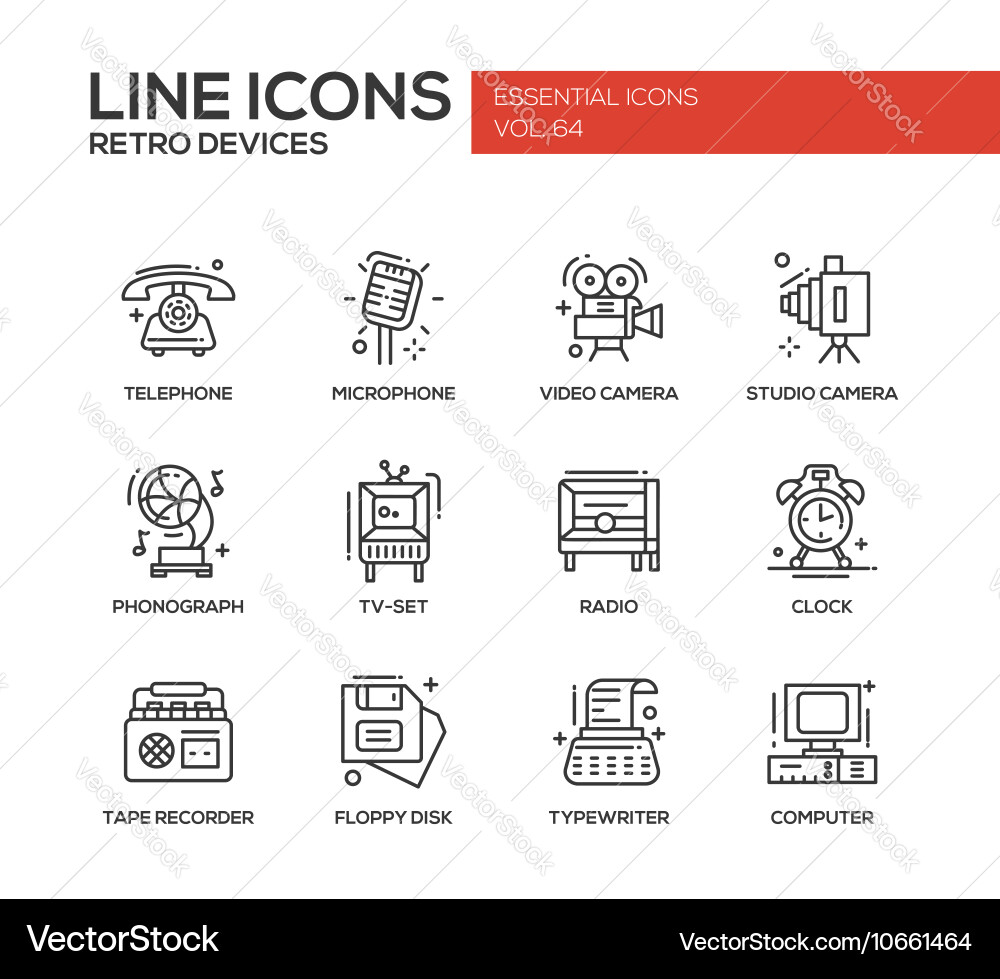 Retro devices - line design icons set vector image