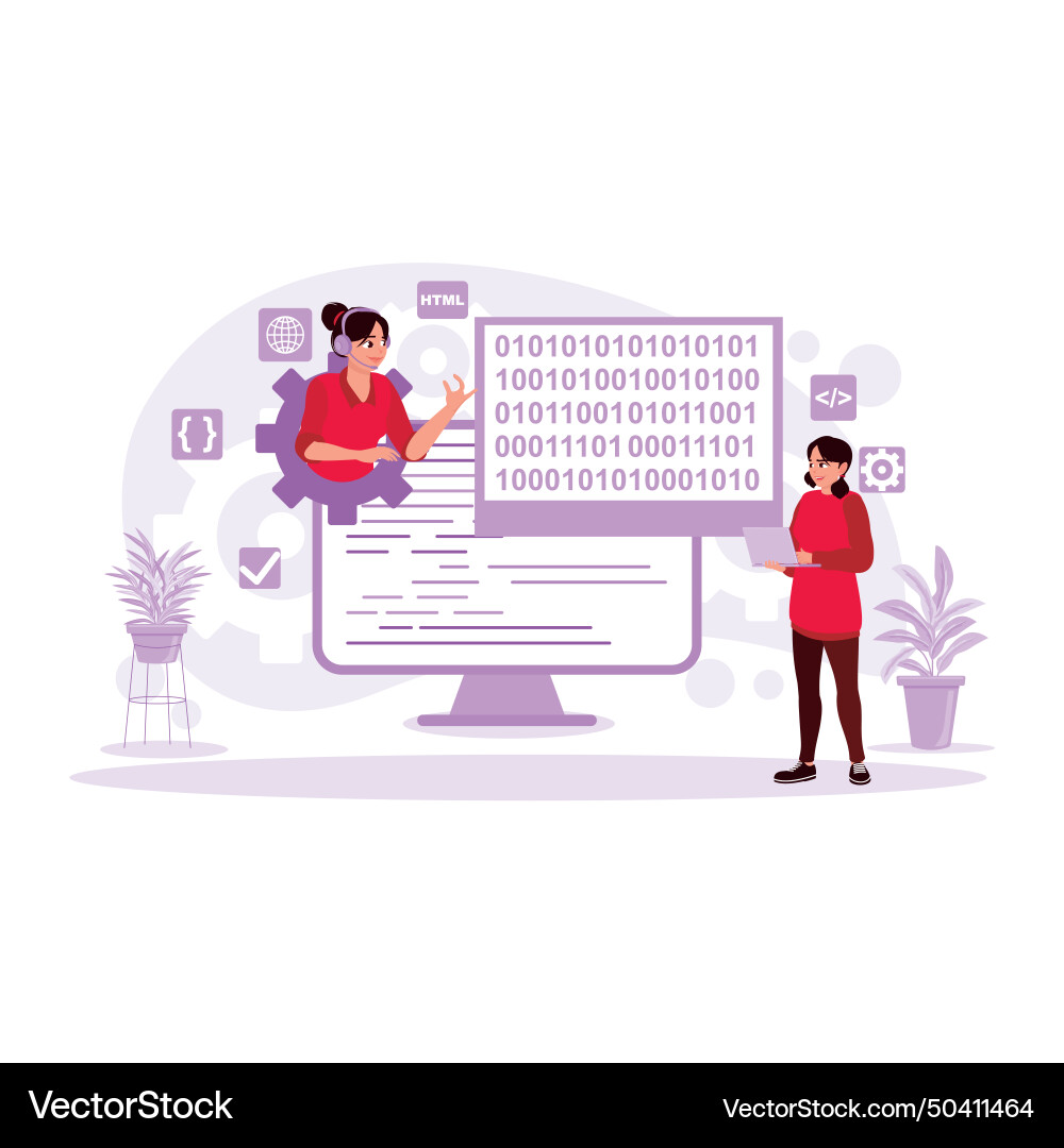 View of a female programmer working View of a female programmer working vector image