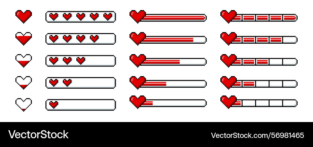 Progress bar game menu with heart symbol pixel art Progress bar game menu with heart symbol pixel art vector image