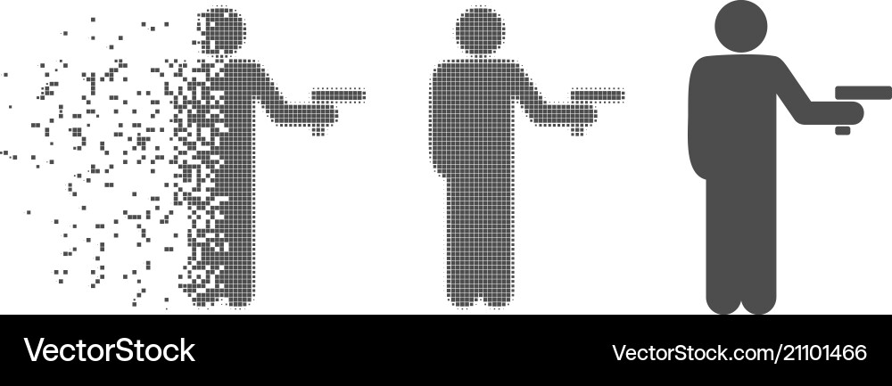 Disintegrating pixel halftone robber with gun icon Disintegrating pixel halftone robber with gun icon Vector Image