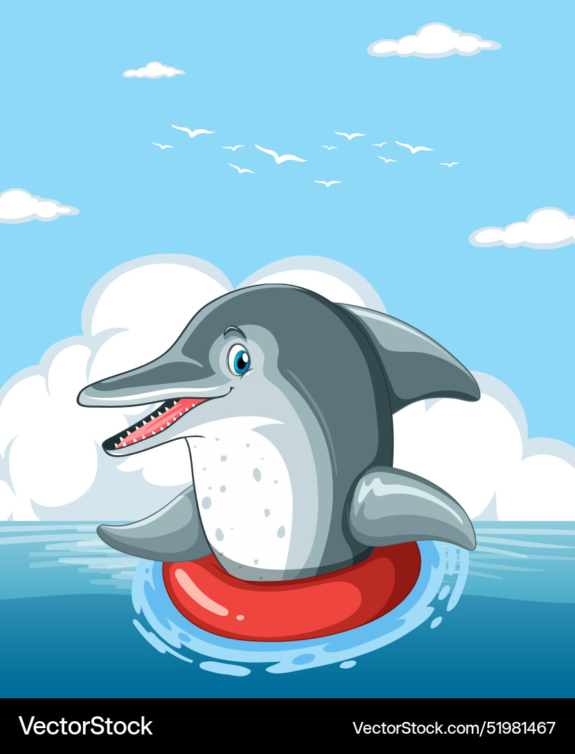 Smiling dolphin floating on a red ring vector image