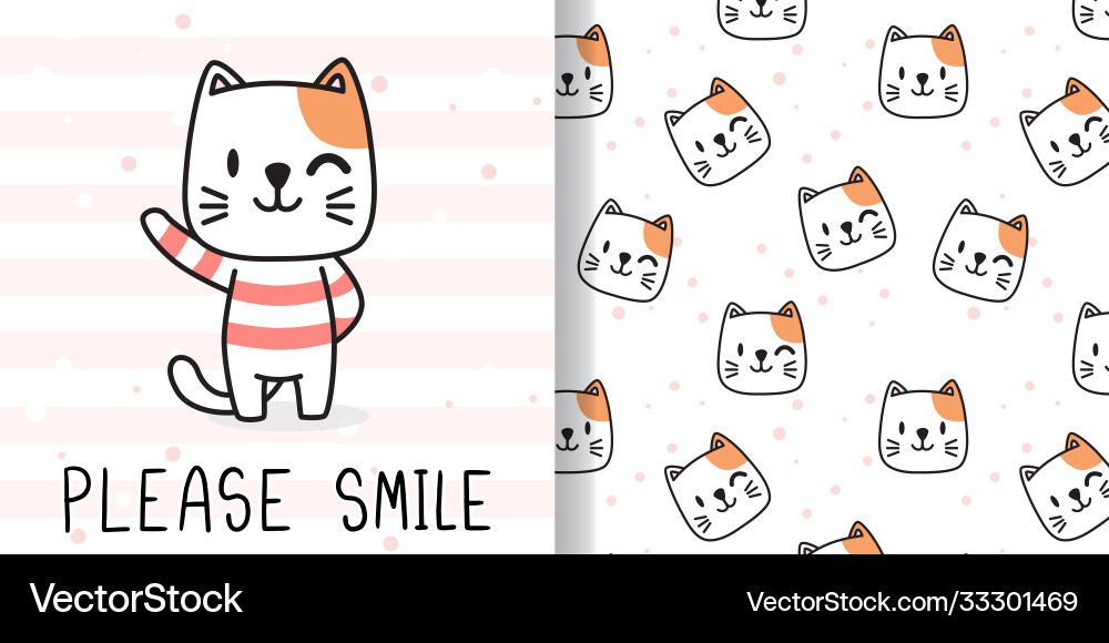 Draw happy cat print seamless pattern vector image