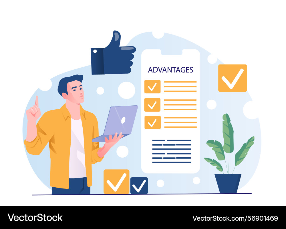 Man analyzing advantages checklist screen Vector Image