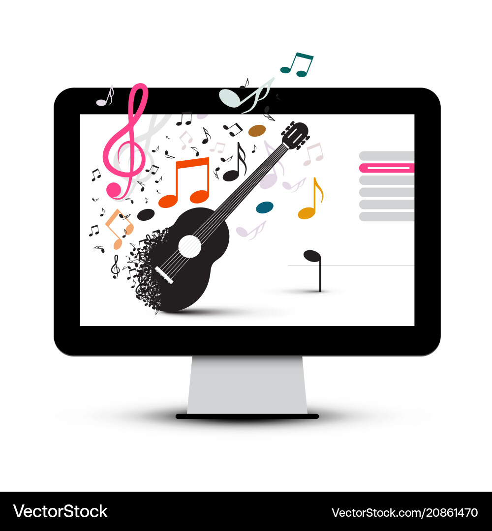 Music project with guitar and notes on computer vector image