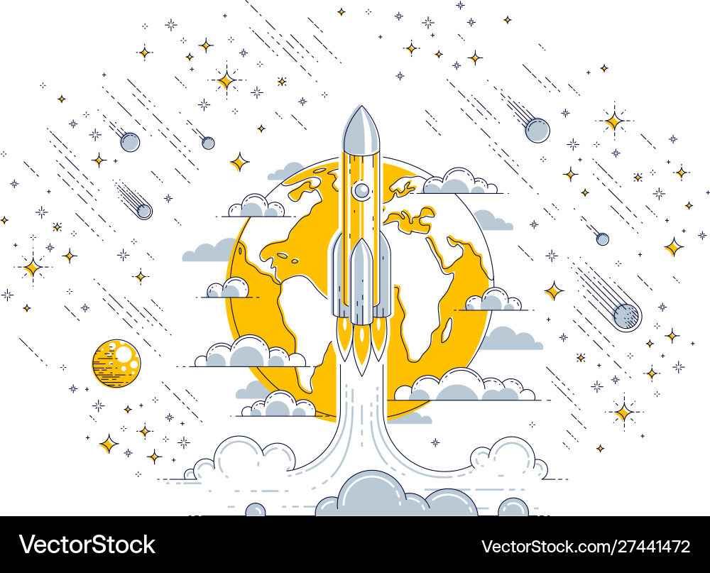 Rocket launch into undiscovered space with planet vector image